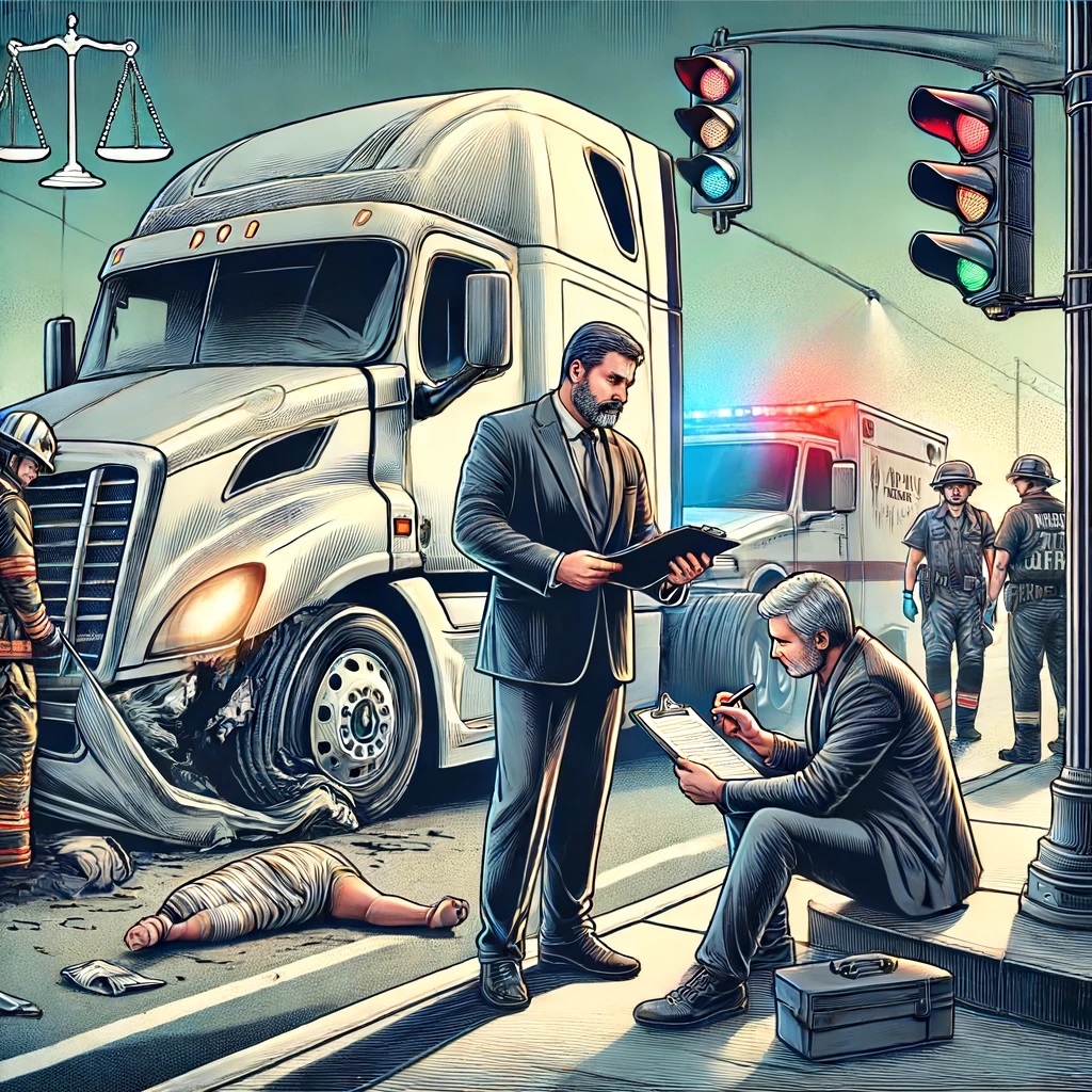 A detailed illustration showing an 18-wheeler accident scene with a lawyer providing assistance to an injured person. The background includes a large truck that has collided with a smaller vehicle, emergency responders, and a concerned attorney holding a clipboard, discussing documents with the injured person who is sitting on the curb. The atmosphere should be professional and supportive, highlighting the role of the attorney in helping the accident victim. Include elements like legal scales or a gavel to represent legal assistance.