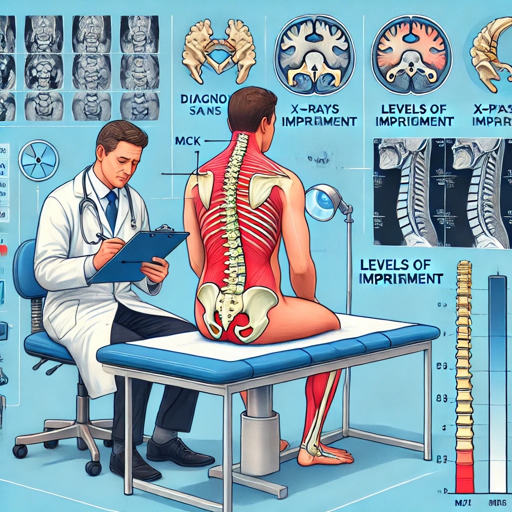 It includes key elements such as a doctor examining a patient, diagnostic tools, a spine diagram, and an impairment chart. This visual aid can help readers understand the assessment process more clearly.