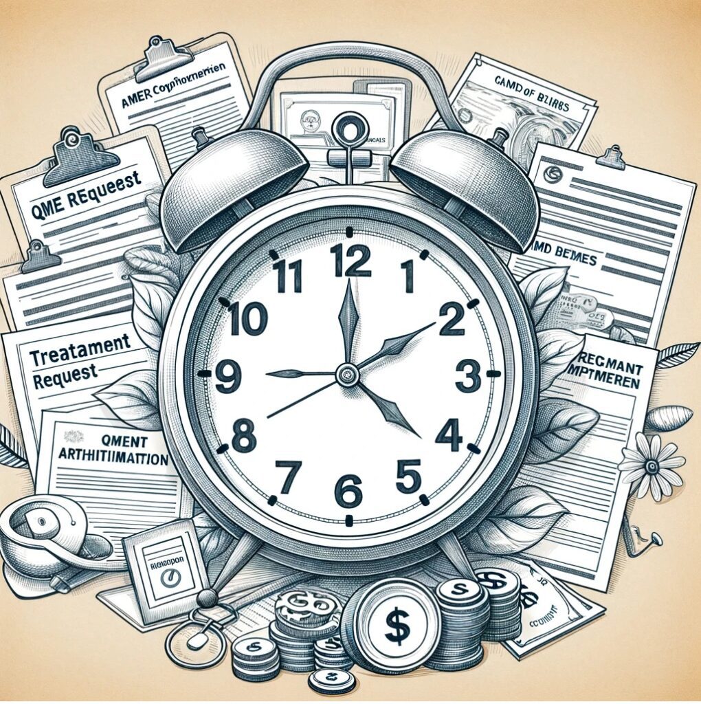 Here is the drawing illustrating the importance of adhering to time limits in workers' compensation claims, featuring a clock surrounded by various documents. This visual emphasizes the critical deadlines involved in the claims process.