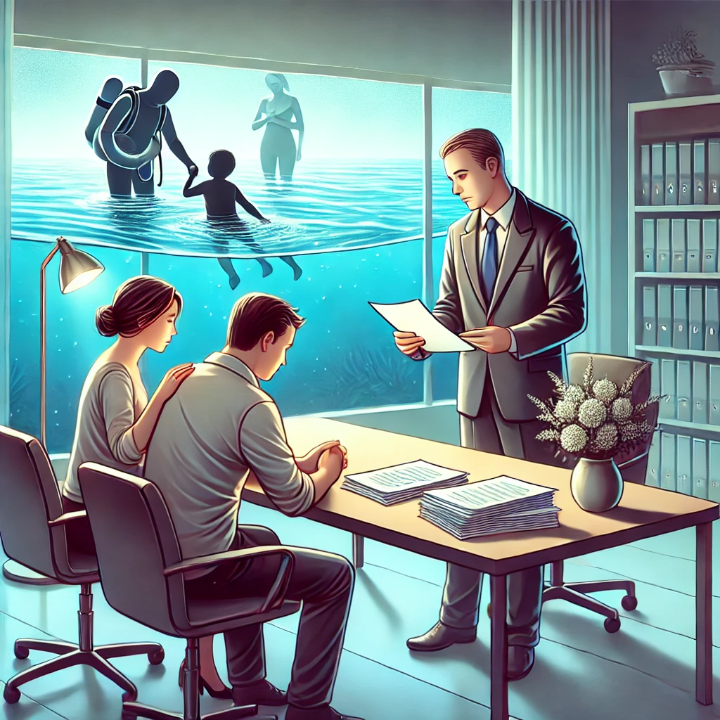 Here's the digital illustration for your blog post about drowning accident lawyers. It depicts a lawyer discussing a case with a grieving family in a serene office environment, conveying both legal and emotional support. This scene highlights the professionalism and empathy required in such sensitive situations.