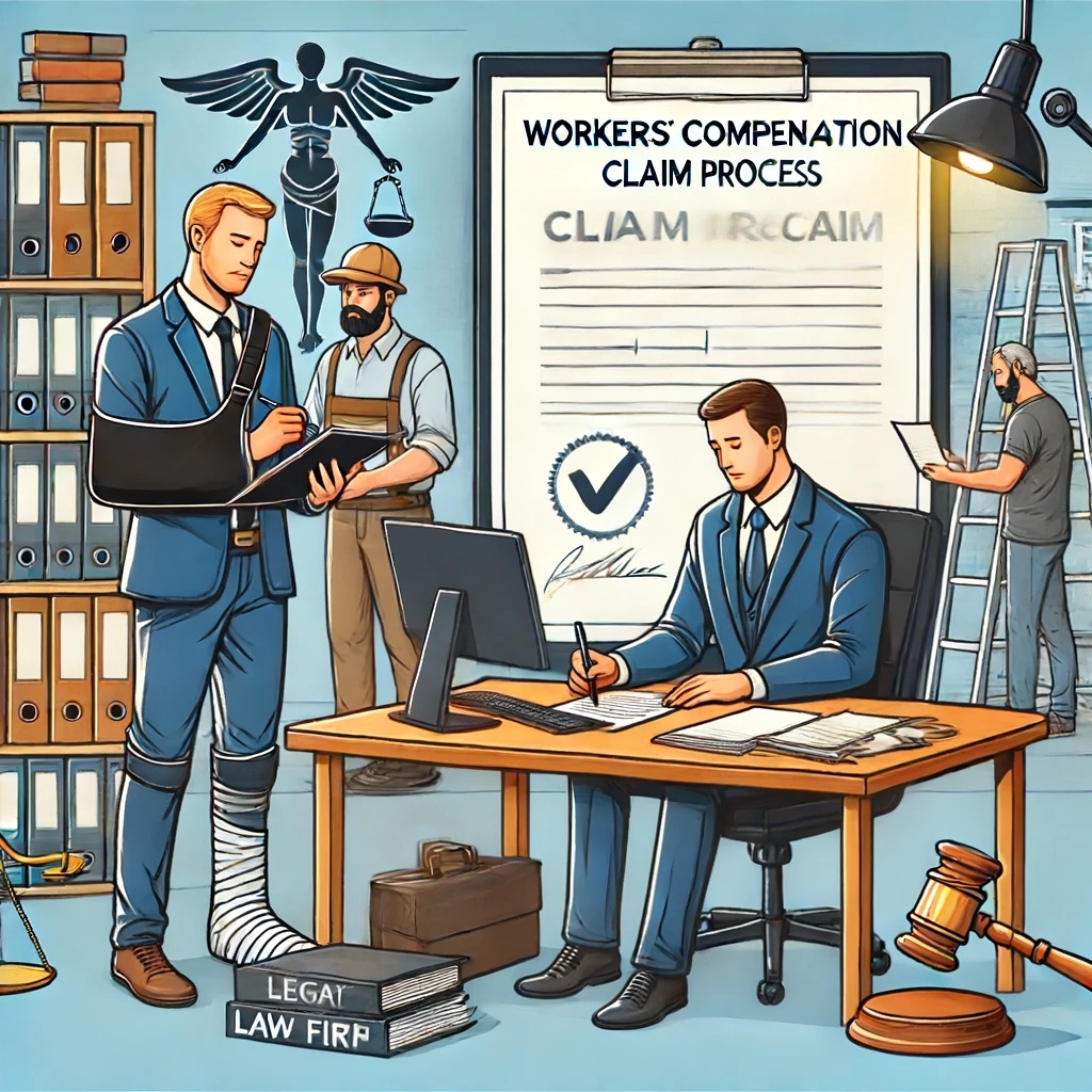 Here is another illustration to accompany your blog post. It depicts the workers' compensation claim process, highlighting the comprehensive legal assistance provided by Franco Muñoz Law Firm.
