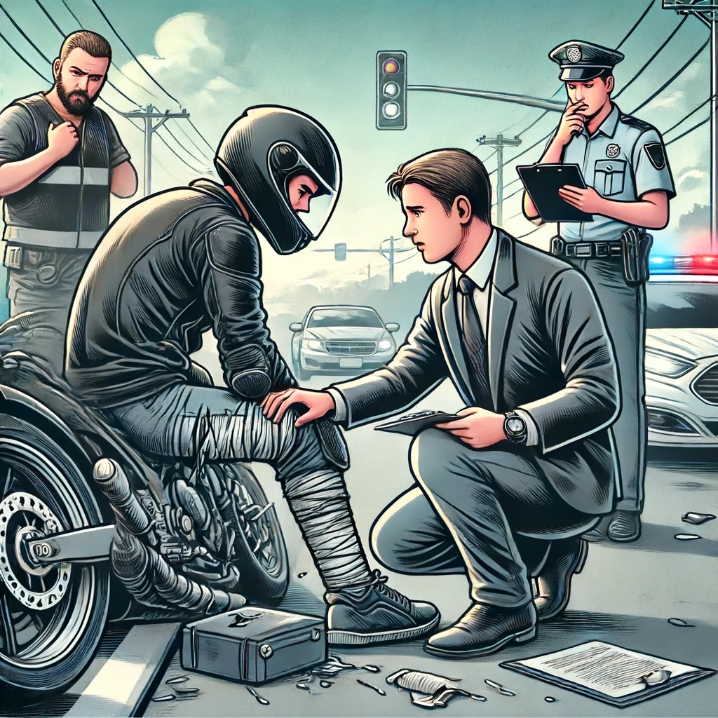 A detailed illustration showing a motorcycle accident scene with a rider receiving assistance from an attorney. The background includes the accident scene with a damaged motorcycle, a concerned attorney holding a clipboard, and a police officer talking to another person. The injured rider is sitting on the curb, wearing a helmet, and the attorney is kneeling beside them, providing legal guidance. The atmosphere should be supportive and professional, highlighting the role of the attorney in helping the accident victim.