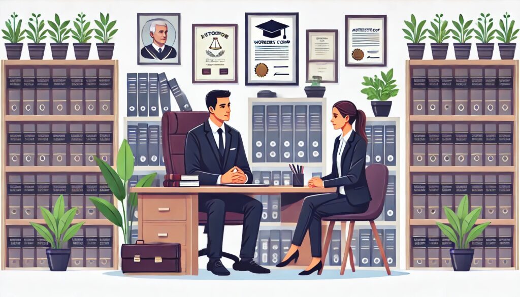 Here is the illustration for your blog post on the importance of hiring a workers' comp attorney in the Bay Area. This visual highlights the professionalism and seriousness of the consultation between the attorney and the client.