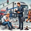 It visually represents the assistance a trucking accident lawyer provides to an injured person at the scene of a trucking accident. Feel free to use it to enhance your content.