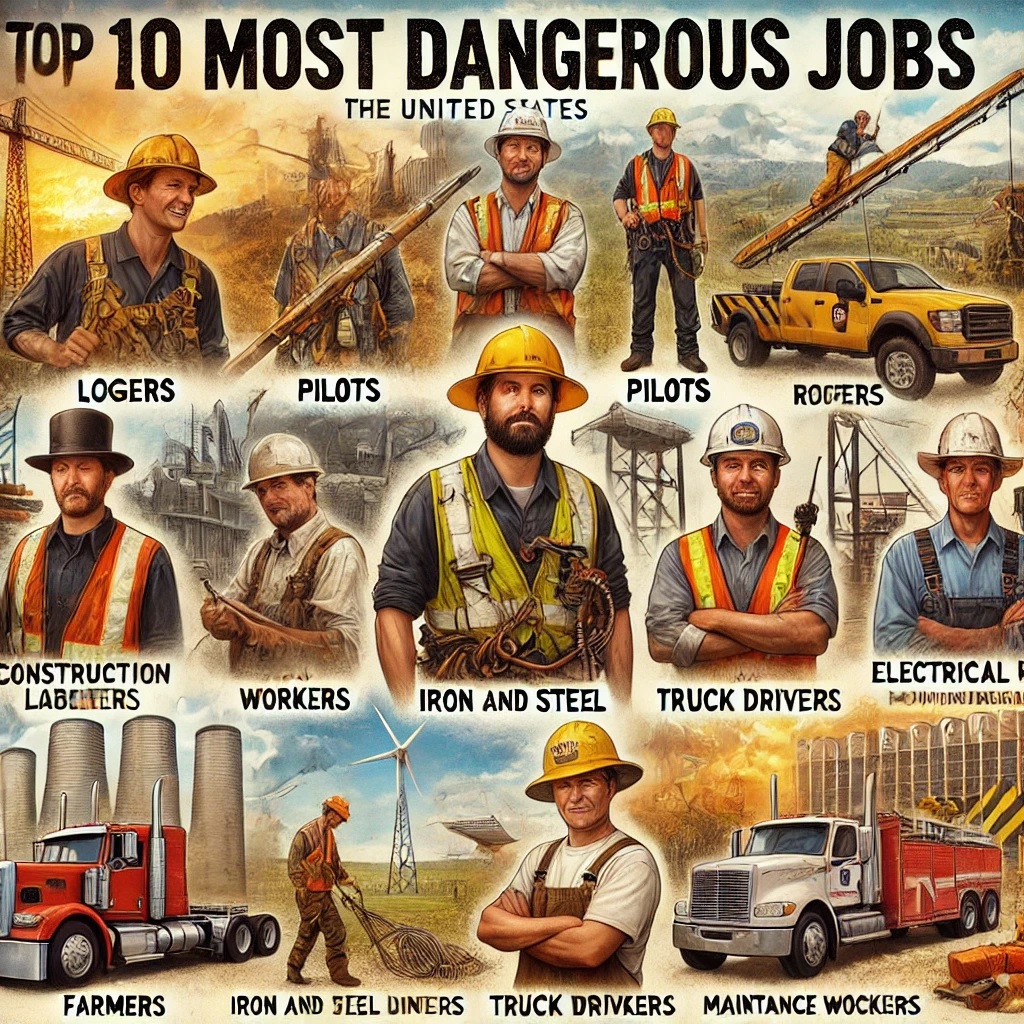 his image visually represents workers in high-risk professions such as loggers, pilots, roofers, construction laborers, iron and steel workers, truck drivers, farmers, electrical power-line installers, maintenance workers, and grounds maintenance workers, each depicted in their typical work environment.