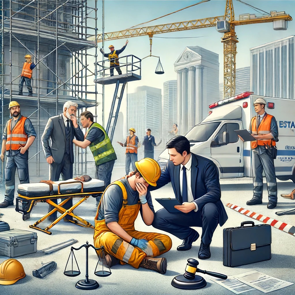 A detailed illustration showing a construction accident scene with a lawyer providing assistance to an injured worker. The background includes construction equipment, scaffolding, and workers wearing safety gear. The injured worker is sitting on the ground, receiving first aid from a paramedic, while a concerned attorney holds a clipboard, discussing documents with the worker. The atmosphere should be professional and supportive, highlighting the role of the attorney in helping the accident victim. Include elements like legal scales or a gavel to represent legal assistance.