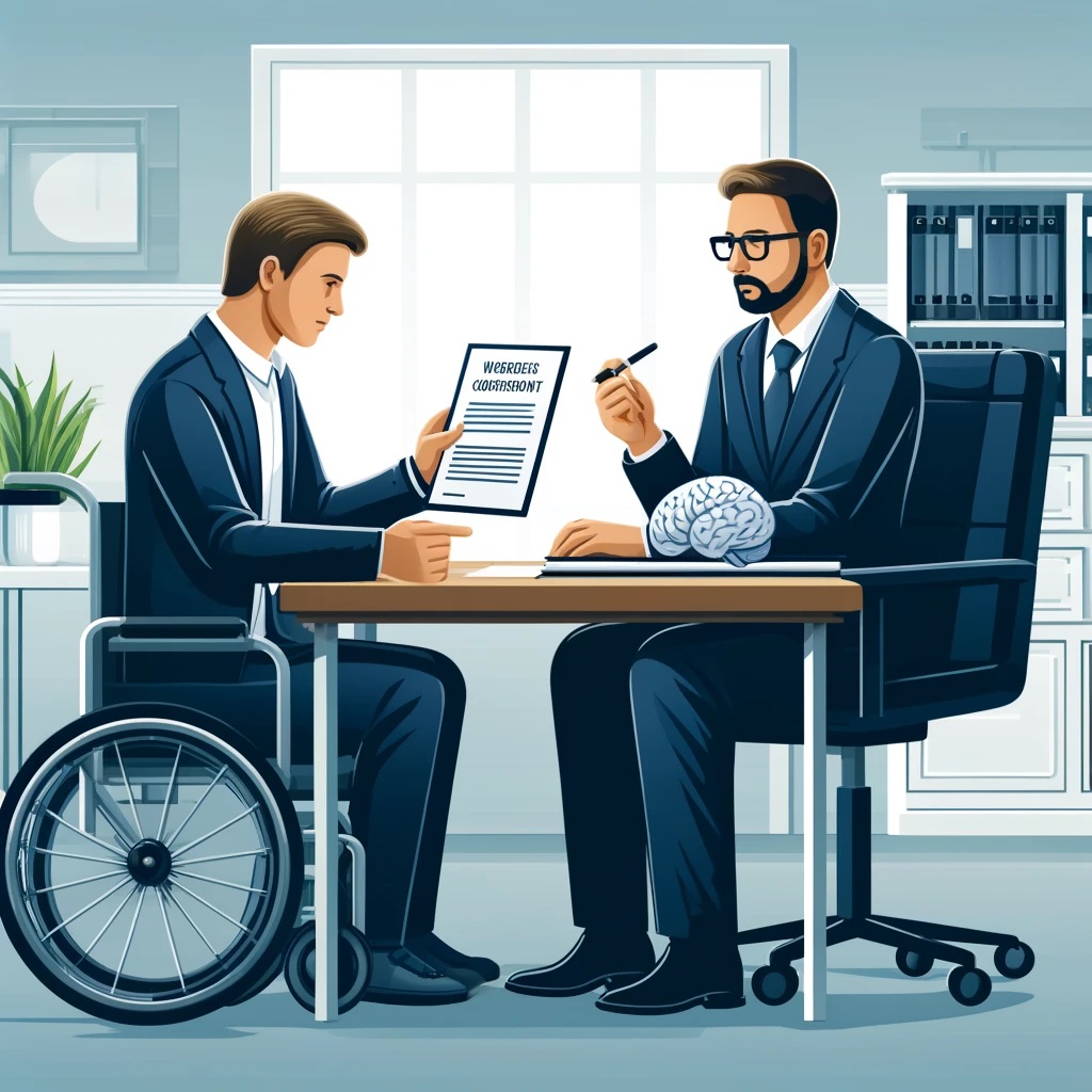 The first illustration shows a brain injury lawyer consulting with a client in an office setting, reviewing documents related to the workers' compensation process.