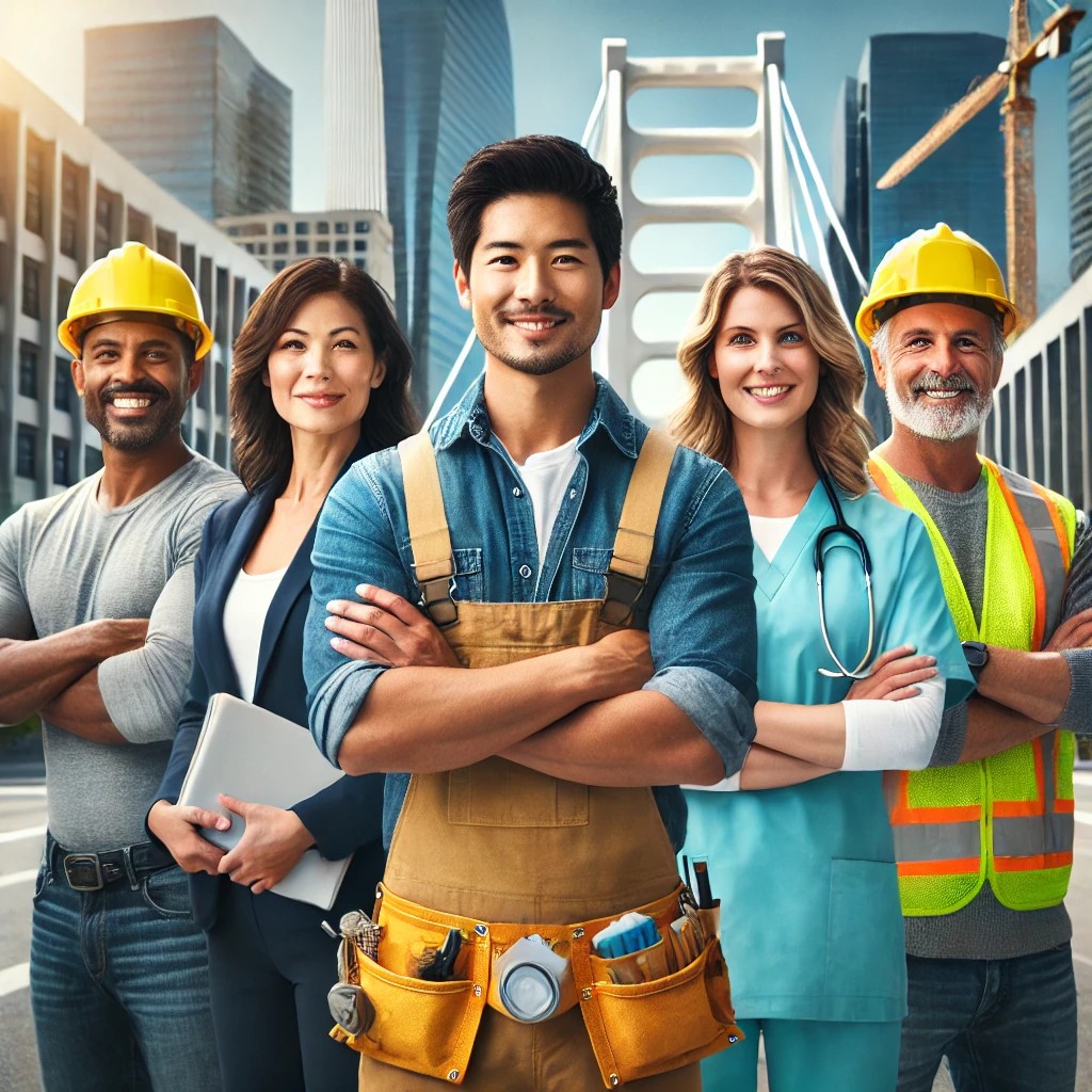 A diverse group of Bay Area workers, including a construction worker, a nurse, a retail employee, and an office worker, standing confidently in front of a modern cityscape, symbolizing workers' rights and benefits under California workers' compensation.