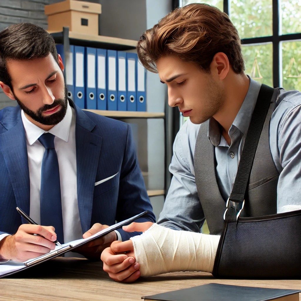 A professional lawyer in a suit reviews a workers' compensation case file with an injured worker who has a bandaged arm. The worker looks concerned while the lawyer provides guidance in a well-organized office with legal books and a computer, conveying professionalism and trust.