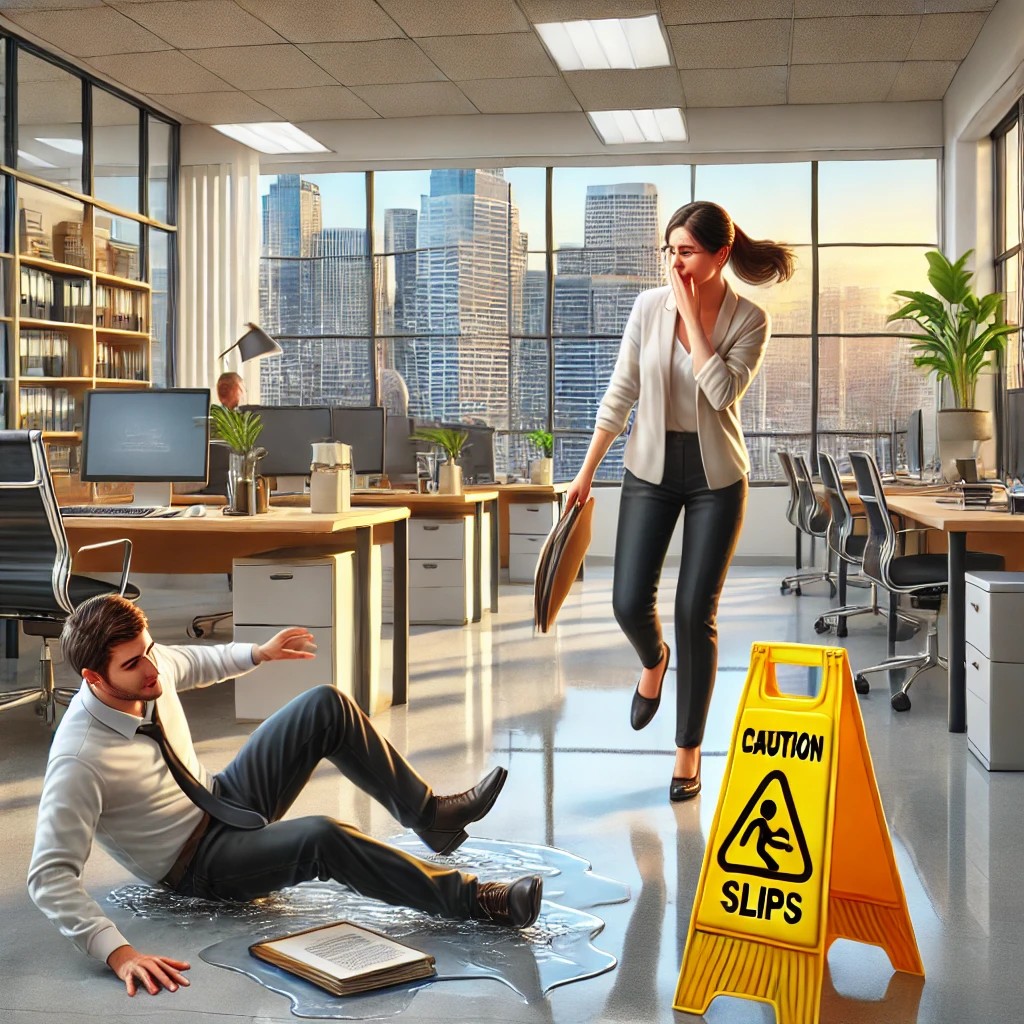 An office worker slips on a wet floor near a caution sign while carrying files, with a concerned coworker rushing to assist. The office setting includes desks, computers, and a large window showcasing a cityscape, representing the Bay Area.