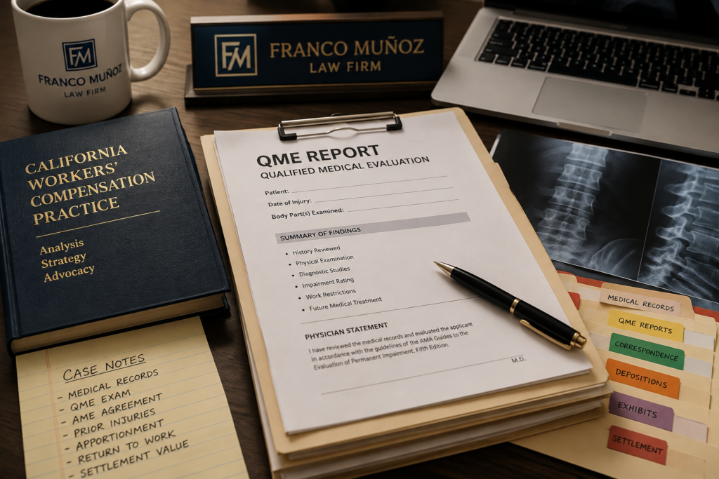 Workers compensation attorney reviewing medical evidence and QME reports in California