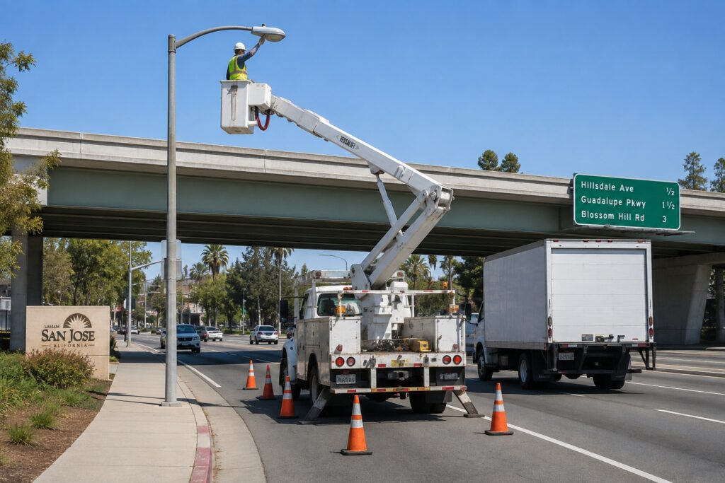 San Jose workplace accident involving a streetlight maintenance crane truck